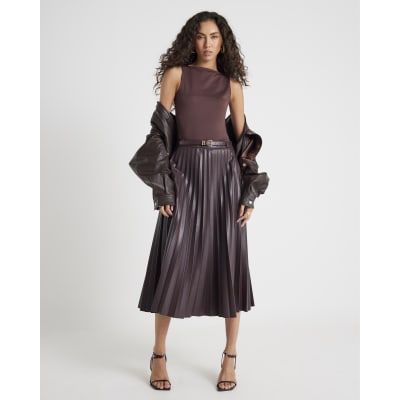 Red Belted Pleated Midi Skirt