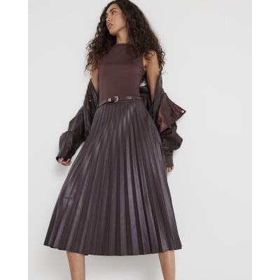 Red Belted Pleated Midi Skirt