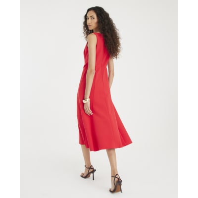 Red Boat Neck Sleeveless Belted Midi Dress