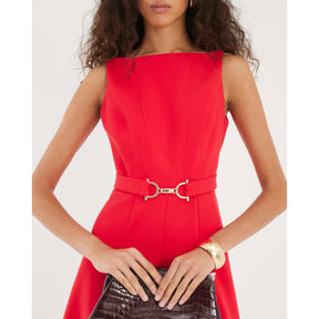 Red Boat Neck Sleeveless Belted Midi Dress