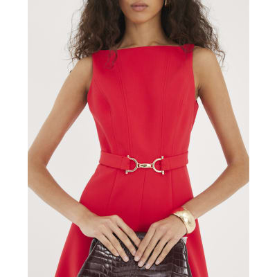 Red Boat Neck Sleeveless Belted Midi Dress