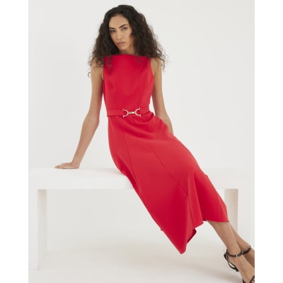 Red Boat Neck Sleeveless Belted Midi Dress