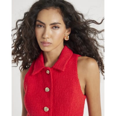 Red Boucle High Neck Collared Waistcoat