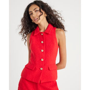 Red Boucle High Neck Collared Waistcoat