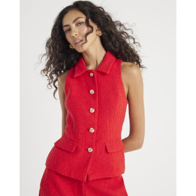 Red Boucle High Neck Collared Waistcoat