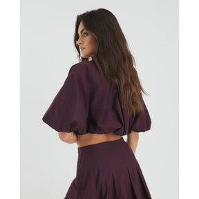 Red Bubble Hem Zip Front Cropped Shirt