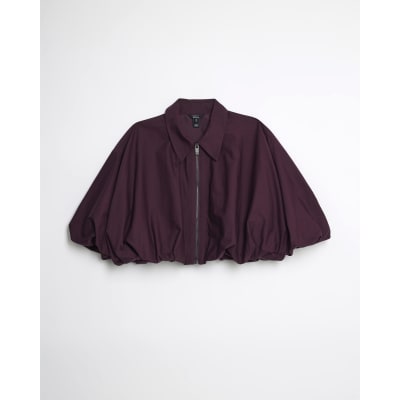 Red Bubble Hem Zip Front Cropped Shirt