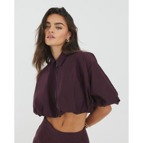 Red Bubble Hem Zip Front Cropped Shirt