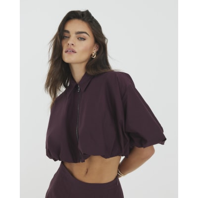 Red Bubble Hem Zip Front Cropped Shirt