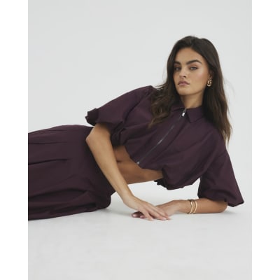 Red Bubble Hem Zip Front Cropped Shirt