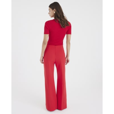 Red Button Front Wide Leg Trousers