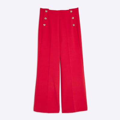 Red Button Front Wide Leg Trousers