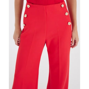 Red Button Front Wide Leg Trousers