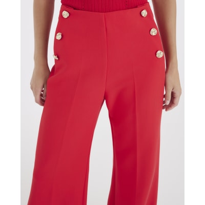 Red Button Front Wide Leg Trousers