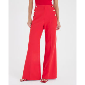 Red Button Front Wide Leg Trousers