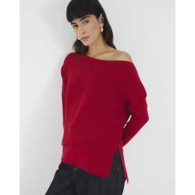 Red Cable Stitch Asymmetric Jumper