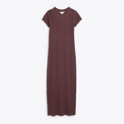 Red Cap Sleeve Ribbed Midi Dress