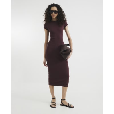 Red Cap Sleeve Ribbed Midi Dress