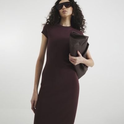 Red Cap Sleeve Ribbed Midi Dress