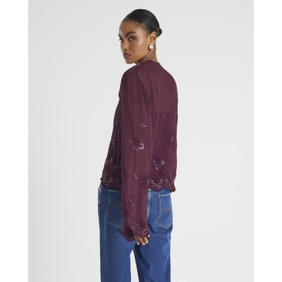 Red Chiffon Embellished Cutwork Blouse