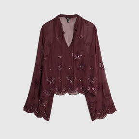 Red Chiffon Embellished Cutwork Blouse
