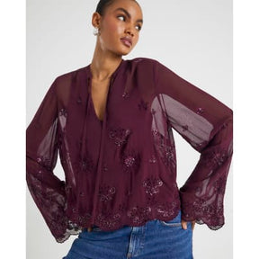 Red Chiffon Embellished Cutwork Blouse