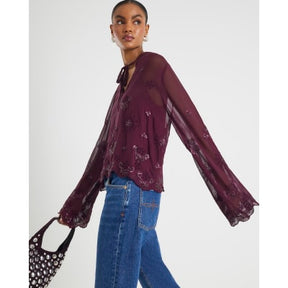 Red Chiffon Embellished Cutwork Blouse