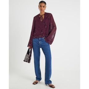 Red Chiffon Embellished Cutwork Blouse