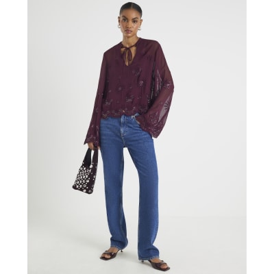 Red Chiffon Embellished Cutwork Blouse