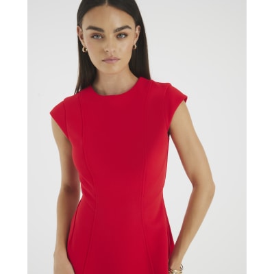 Red contoured cap sleeve mini shift dress