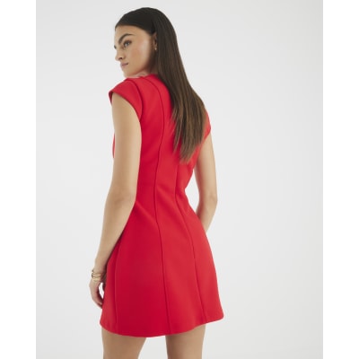 Red contoured cap sleeve mini shift dress