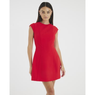 Red contoured cap sleeve mini shift dress