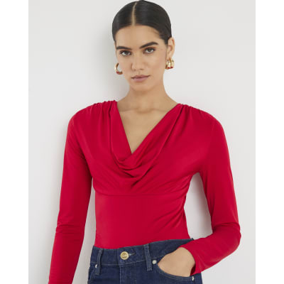 Red Cowl Neck Bodysuit