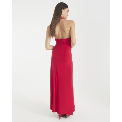 Red Cowl Neck Corsage Maxi Dress