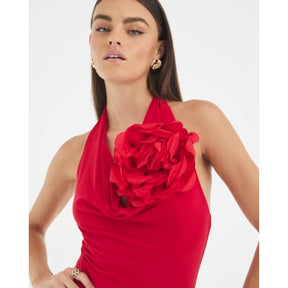 Red Cowl Neck Corsage Maxi Dress