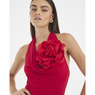 Red Cowl Neck Corsage Maxi Dress