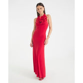 Red Cowl Neck Corsage Maxi Dress