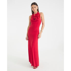 Red Cowl Neck Corsage Maxi Dress