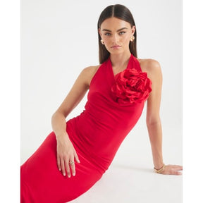 Red Cowl Neck Corsage Maxi Dress