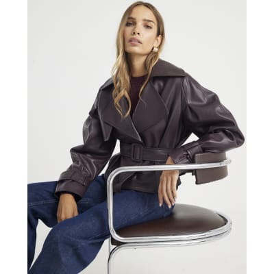 Red Cropped Belted Trench Jacket