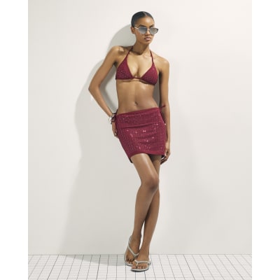 Red Diamante Triangle Bikini Top