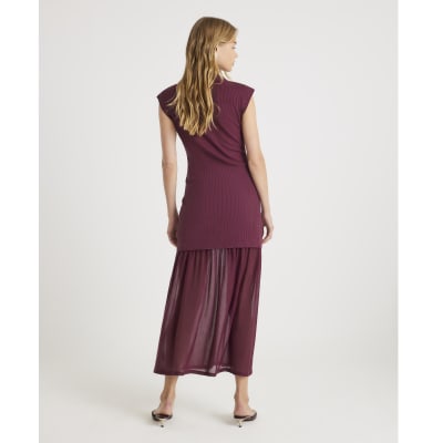 Red Drop Waist Ribbed Hybrid Midi Dress