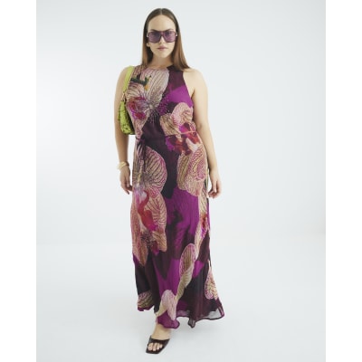 Red Embellished Floral Print Maxi Slip Dress