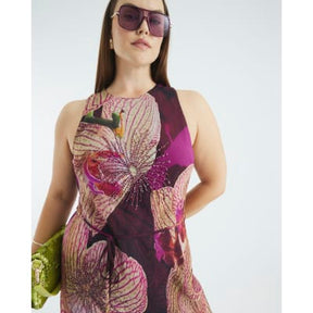 Red Embellished Floral Print Maxi Slip Dress
