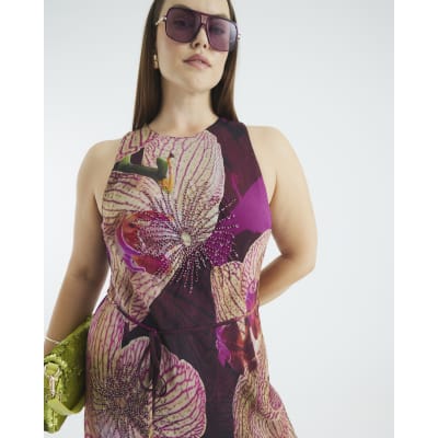 Red Embellished Floral Print Maxi Slip Dress