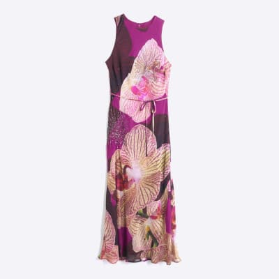 Red Embellished Floral Print Maxi Slip Dress