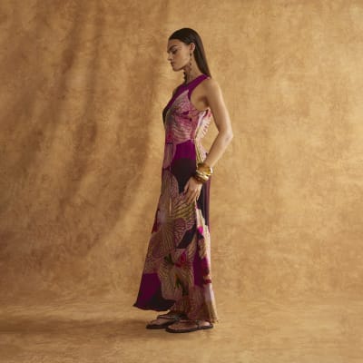 Red Embellished Floral Print Maxi Slip Dress