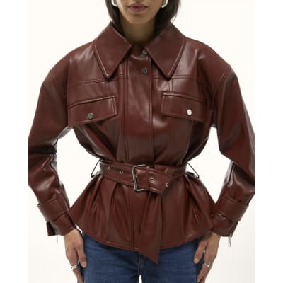 Red Faux Leather Belted Jacket