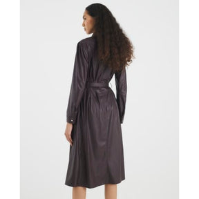 Red faux leather belted midi shirt dress