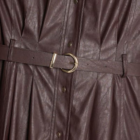 Red faux leather belted midi shirt dress